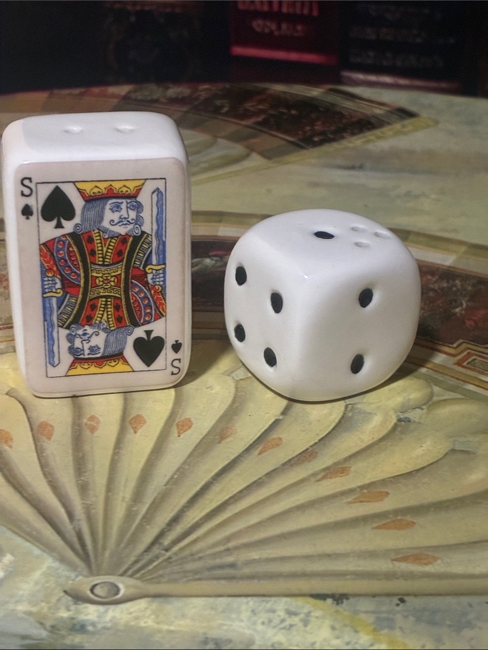 Classic White Ceramic playing card and die salt and pepper combo